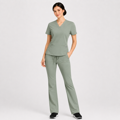 RUIX Sculpt v-neck with Flow Flare pant scrub set for women,2-pocket