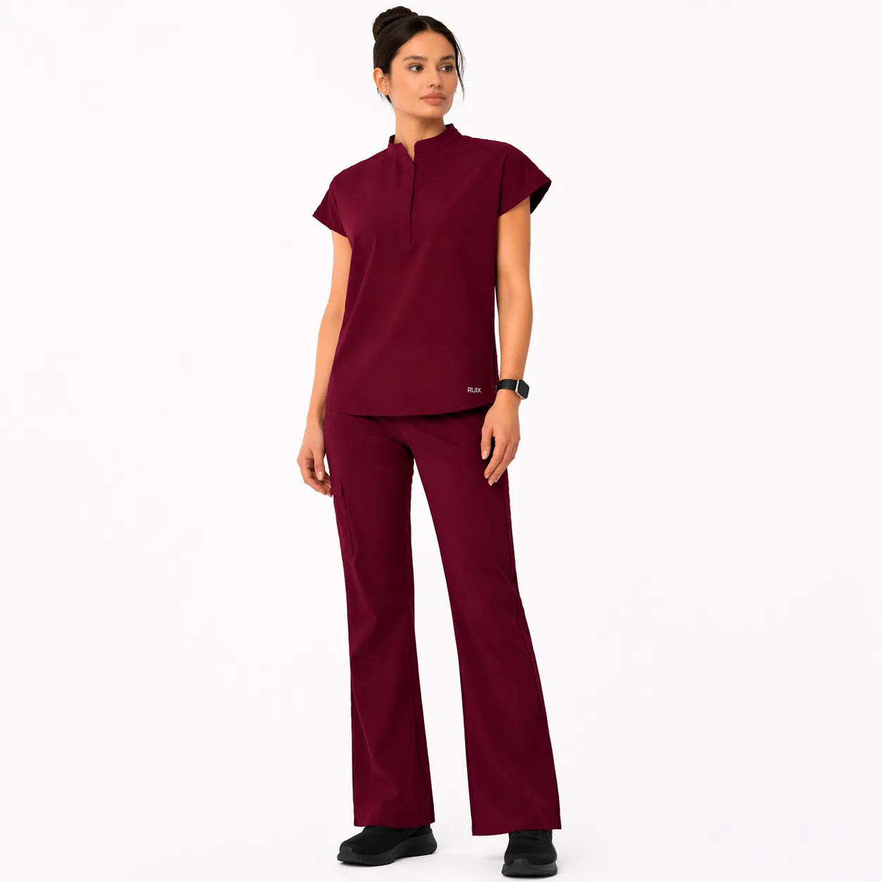 RUIX Sculpt Mandarin collar with cap sleeve with flow flare pant scrub set for women