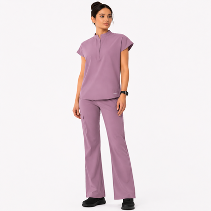 RUIX Sculpt Mandarin collar with cap sleeve with flow flare pant scrub set for women