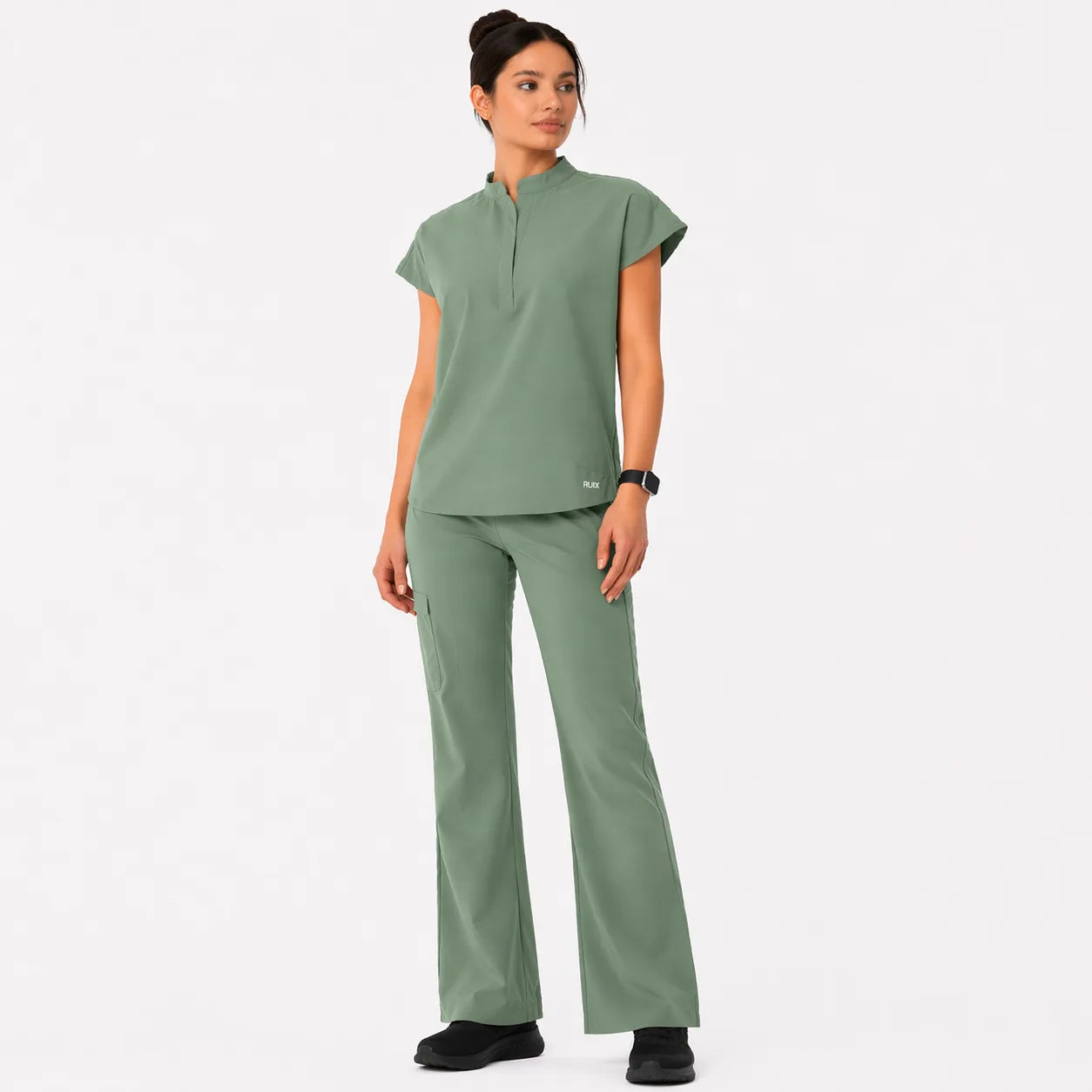 RUIX Sculpt Mandarin collar with cap sleeve with flow flare pant scrub set for women